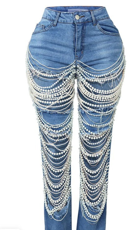 Ripped Pearl Chain Jeans