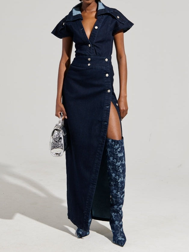 Stylish Navy Denim Maxi Dress