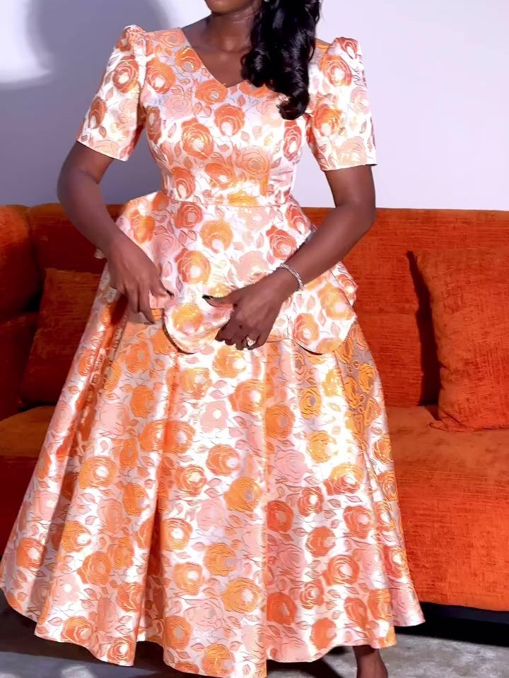 V-neck Printed Puffy Skirt Suit