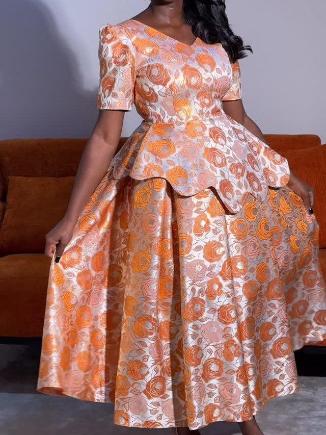 V-neck Printed Puffy Skirt Suit