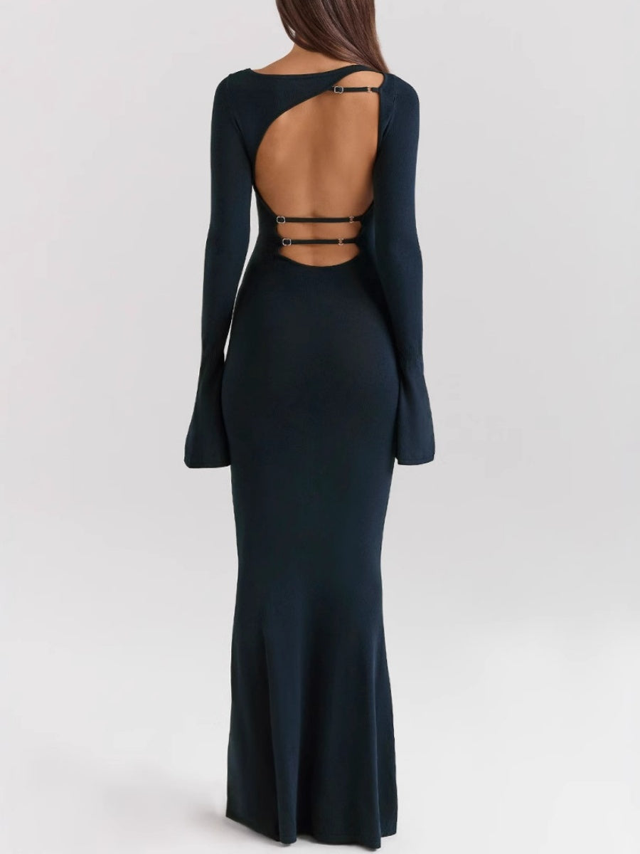 Asymmetric Adjustable Buckle Open Back Round Neck Long Sleeve Slim Sexy Dress