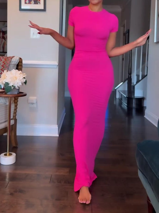 Elegant Short Sleeve Crew Neck Bodycon Maxi Dress
