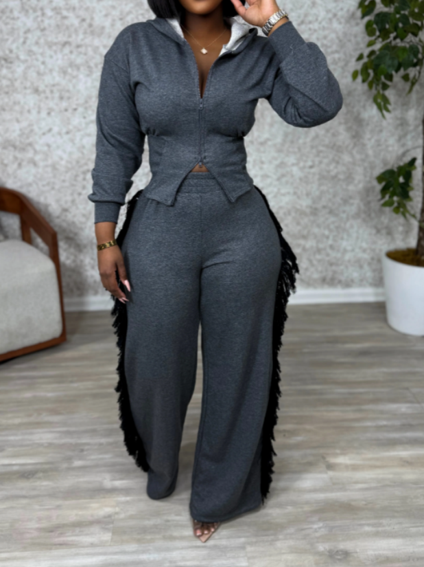 Casual Zipper Hooded Tassel Set