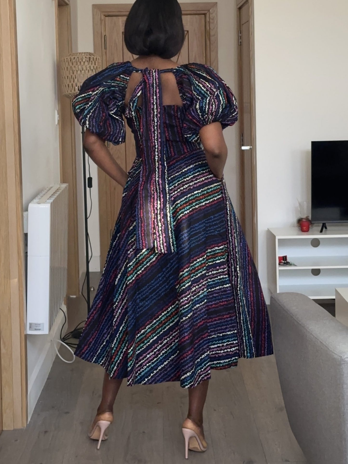 Square Neck Bubble Short Sleeve A-Line Midi Dress
