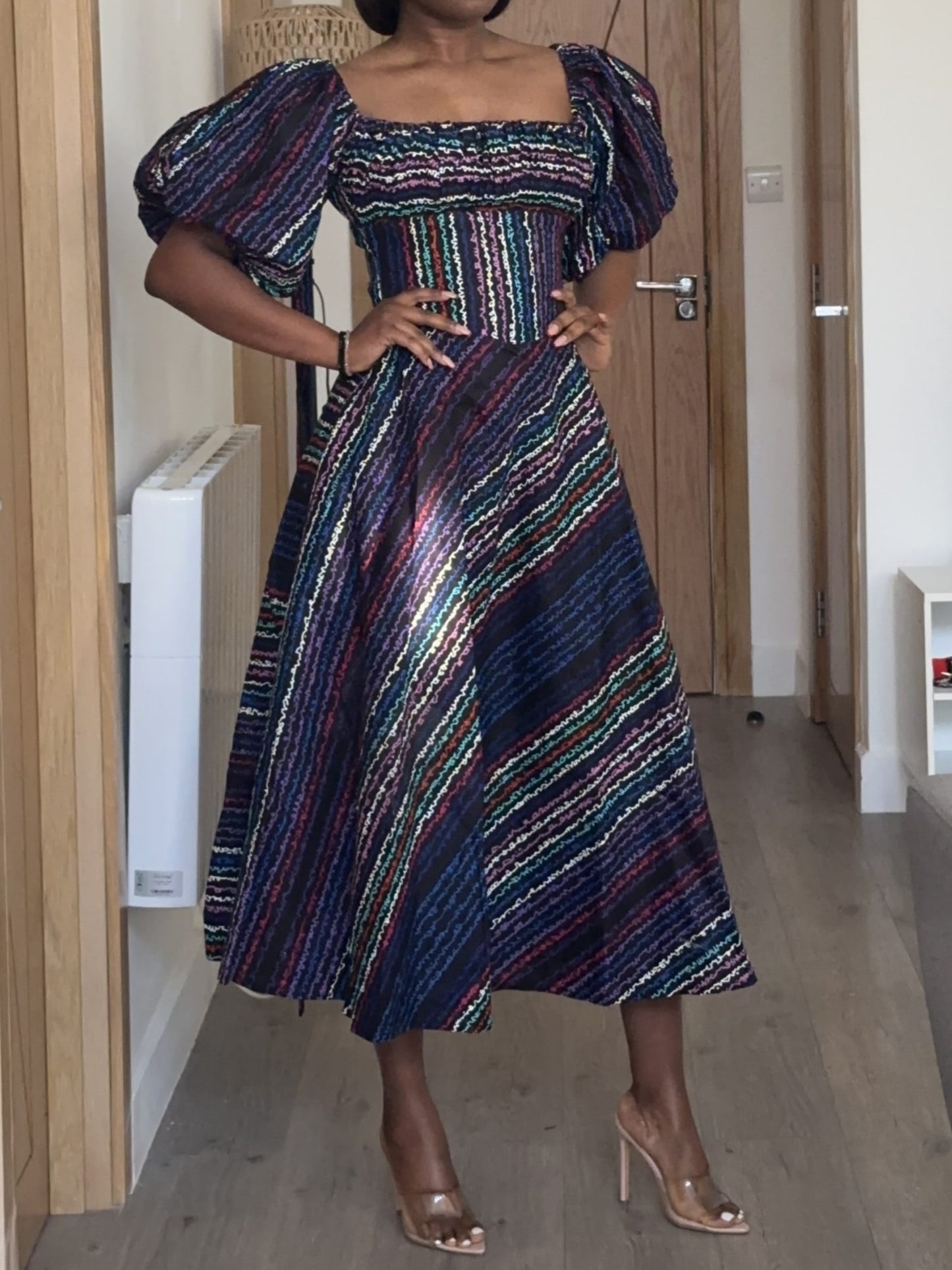 Square Neck Bubble Short Sleeve A-Line Midi Dress