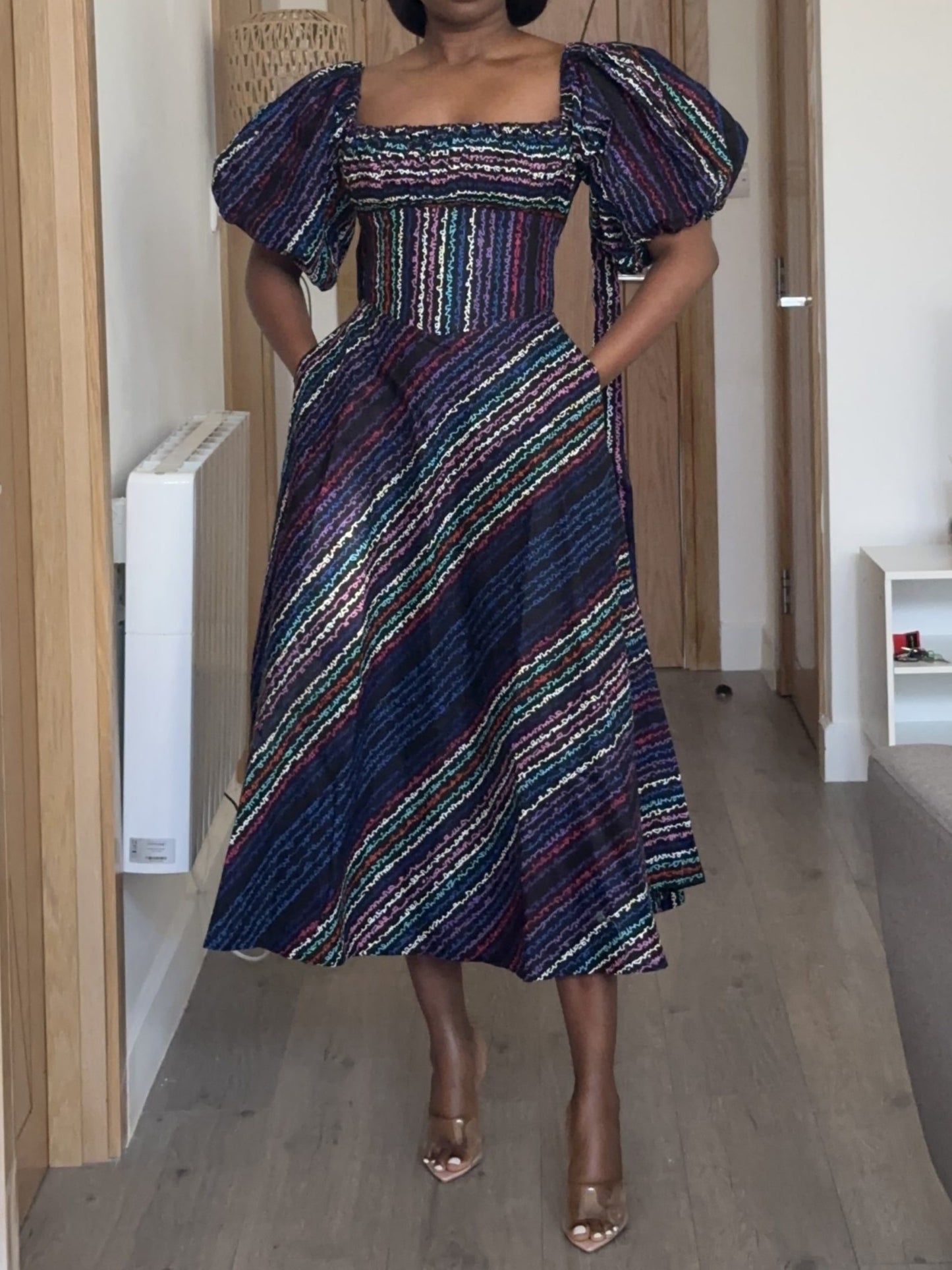 Square Neck Bubble Short Sleeve A-Line Midi Dress