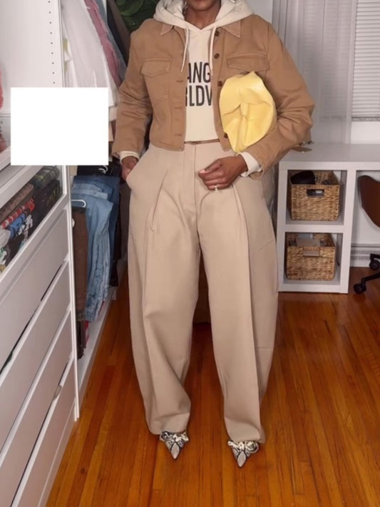 Sand Beige High Waisted Wide Leg Pants