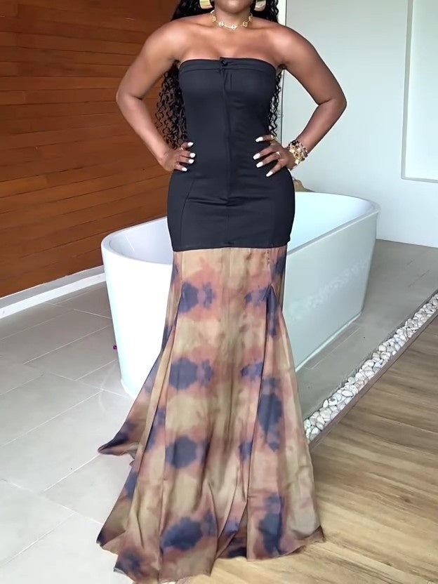 Stitching Strapless A- Line Dress