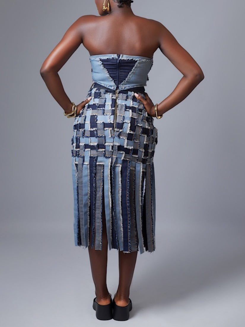 Denim Patchwork Fringe Skirt