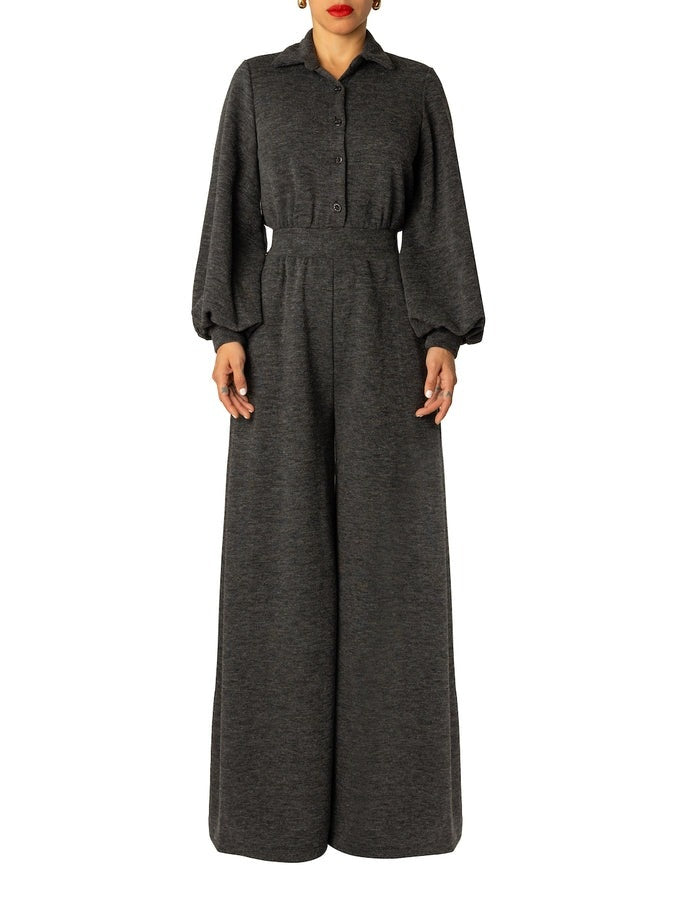 Button Lapel Wide Leg Jumpsuit