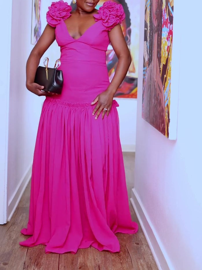 V-neck Sleeveless Shoulder Flower Chiffon Maxi Dress