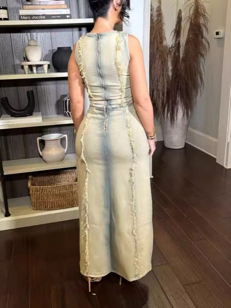Denim Ripped Sleeveless Crop Tank Tops And Split Maxi Skirt Set