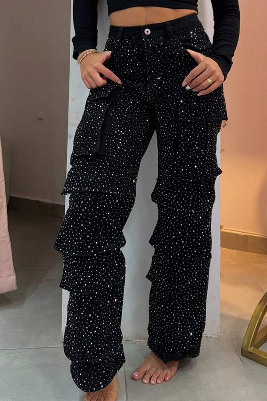 Fashion Diamond-studded Cargo Jeans With Pockets