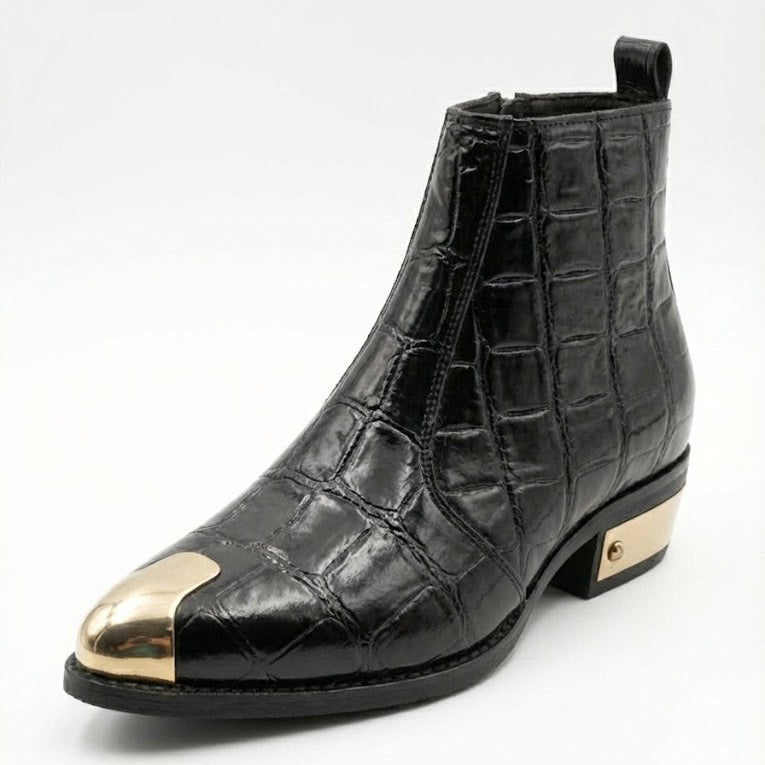 Men's Textured Patent Leather Golden Toe & Heel Chelsea Boots