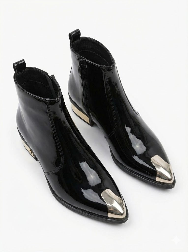 Men's Patent Leather Golden Toe & Heel Chelsea Boots
