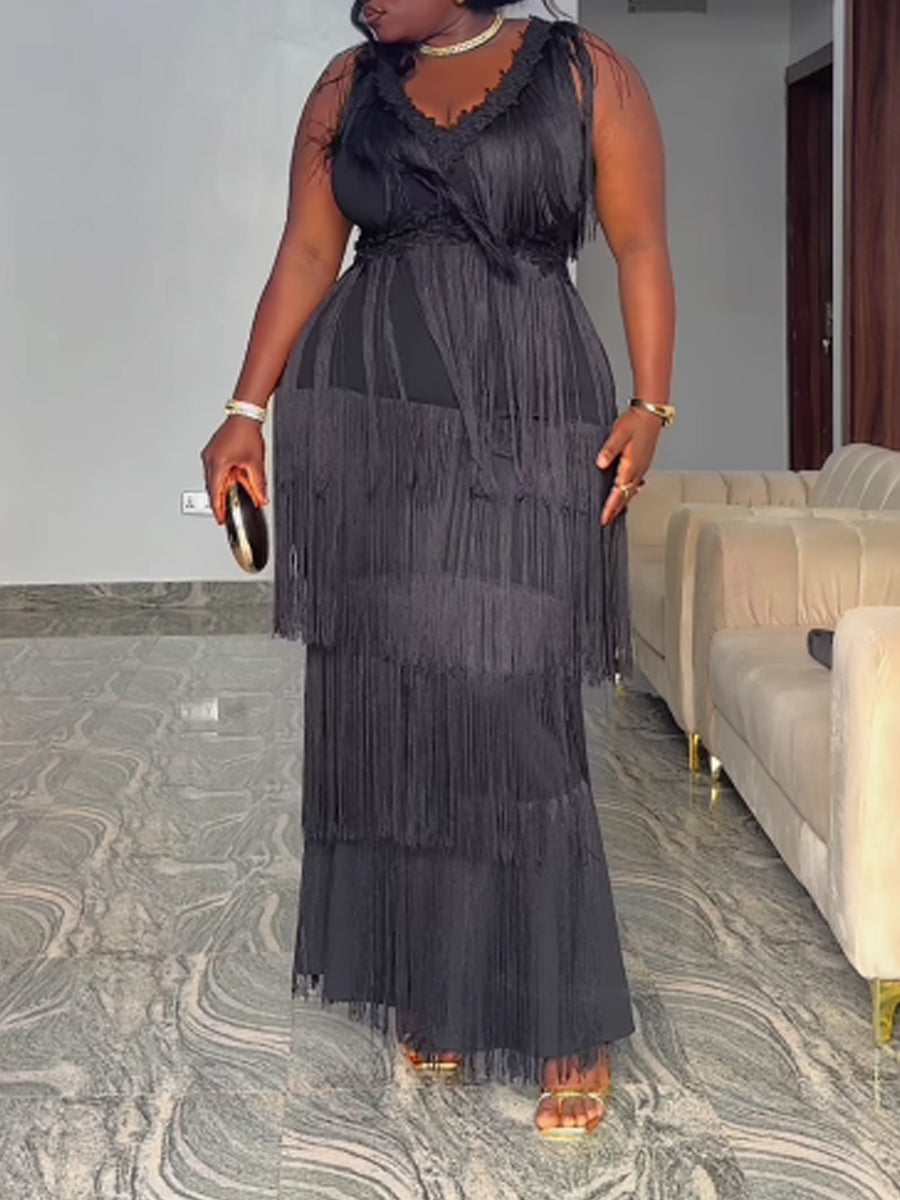 Sleeveless V Neck Tassel Hem Wedding Party Maxi Dress