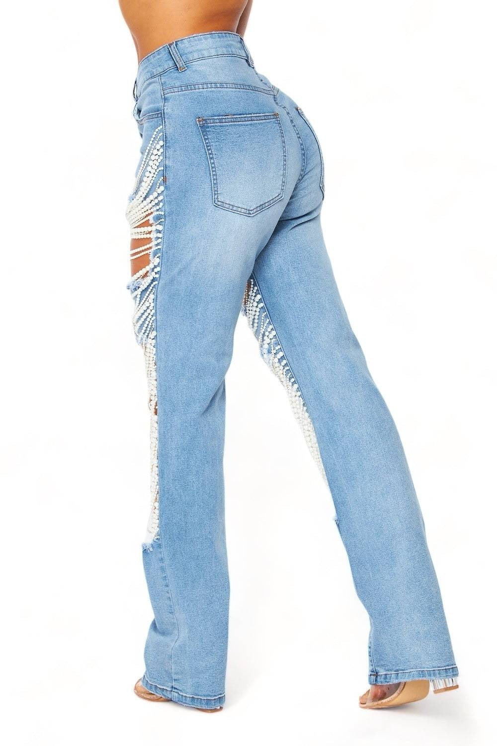 Ripped Pearl Chain Jeans
