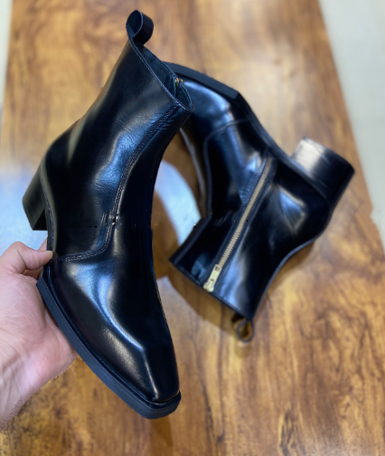 Men's Pointed Toe Chunky Heel Short Leather Boots
