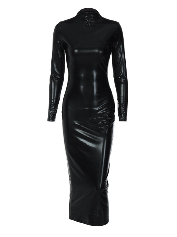 Black Tight Leather Maxi Dress