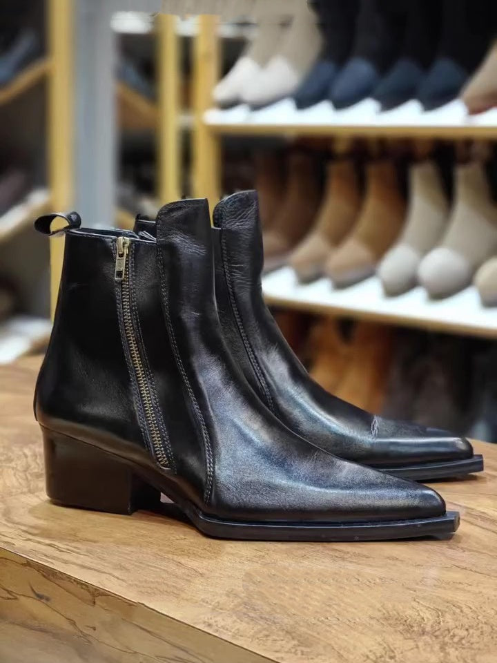 Men's Pointed Toe Chunky Heel Short Leather Boots