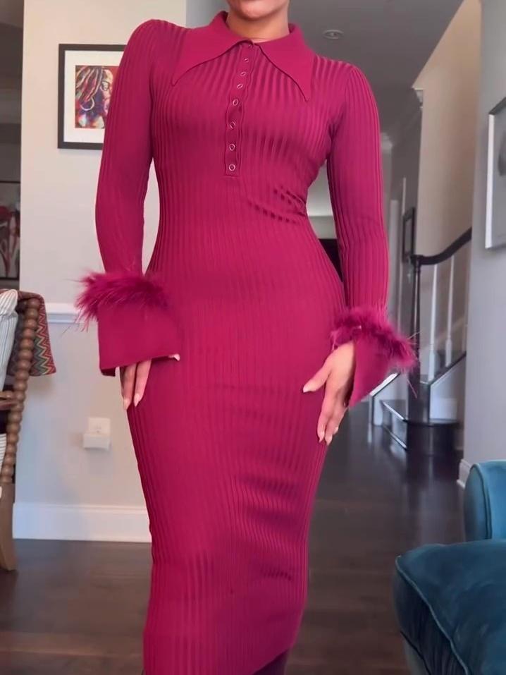 Feather Cuff Knit Dress