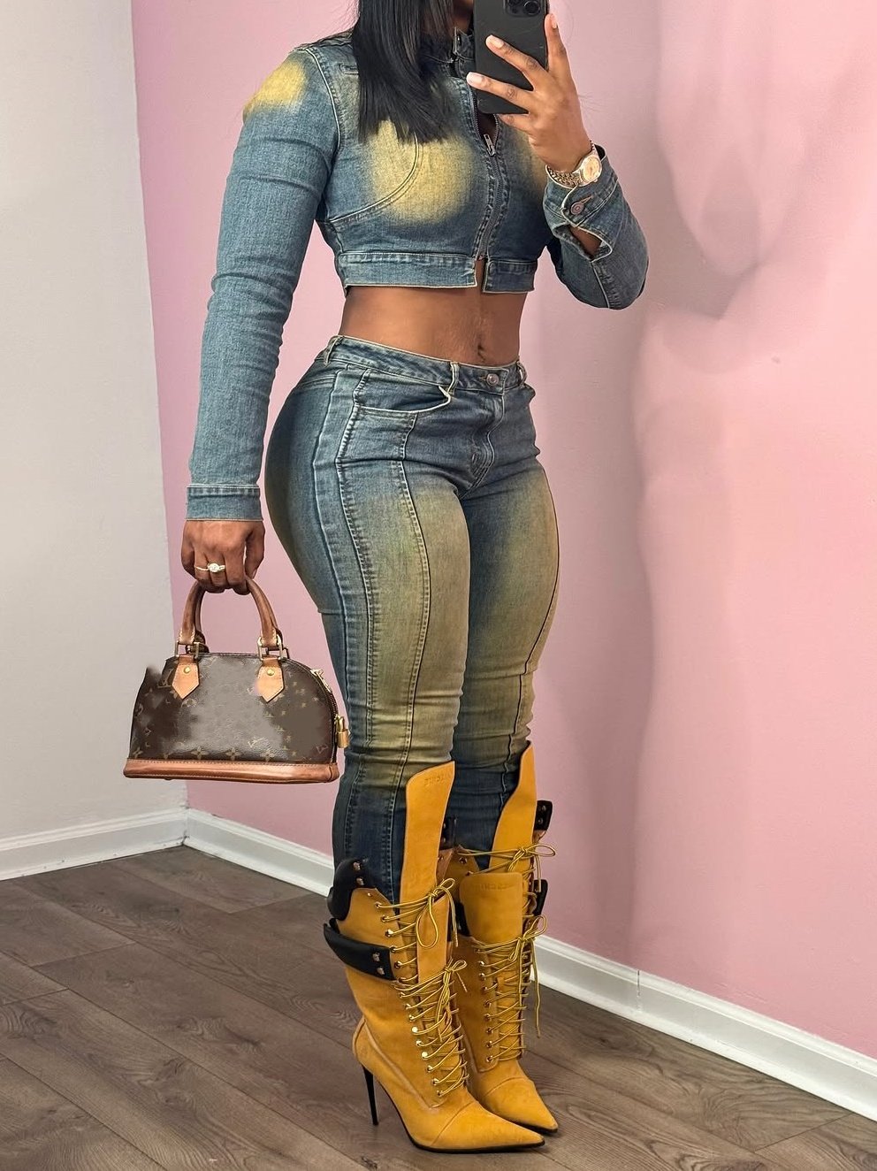 Denim Biker Crop Long Sleeve Jacket And Bootcut Jeans Set