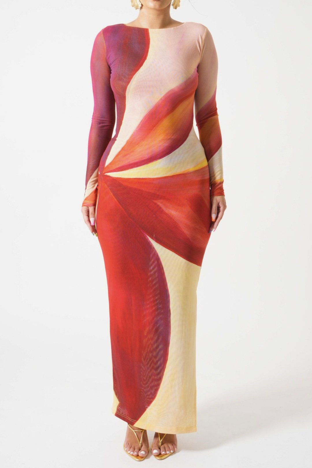 Round Neck Sexy Mesh Printed Slim Maxi Dress