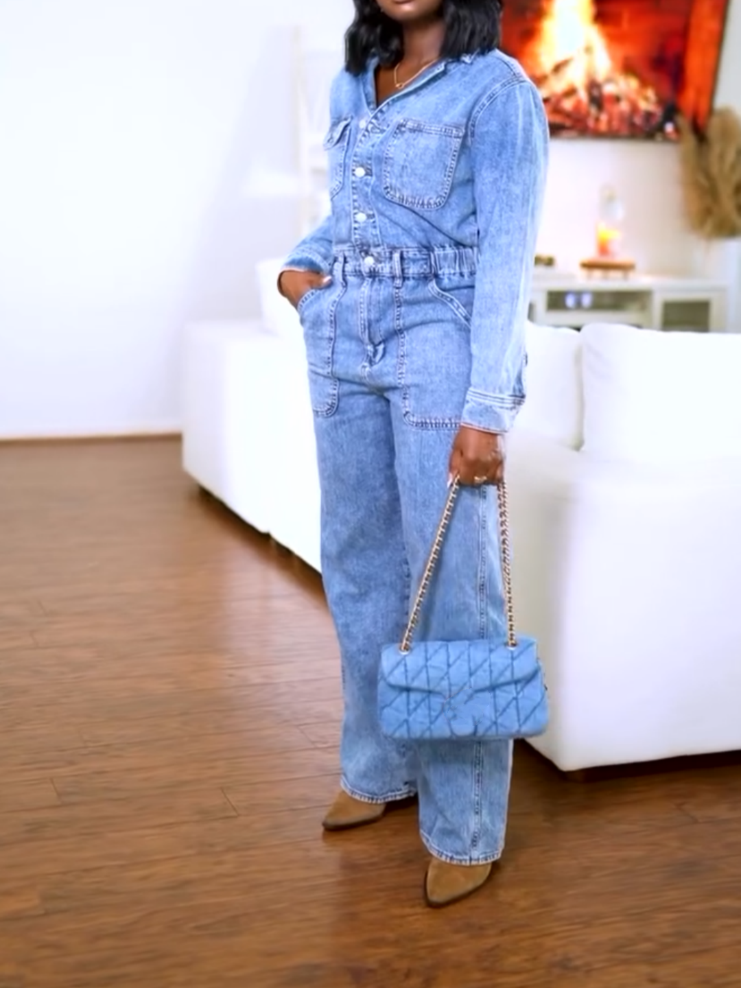 Long Sleeve Utility Baggy Denim Jumpsuit