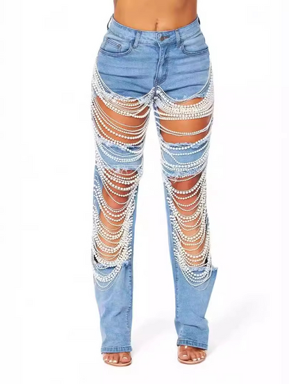 Ripped Pearl Chain Jeans