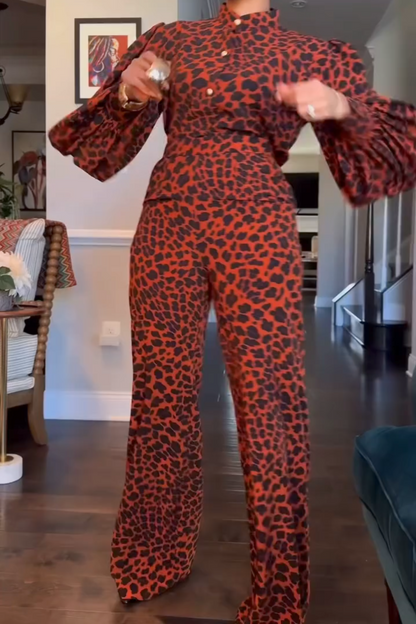 Stand Collar Top And High Waist Pant Leopard Print Two Piece Set