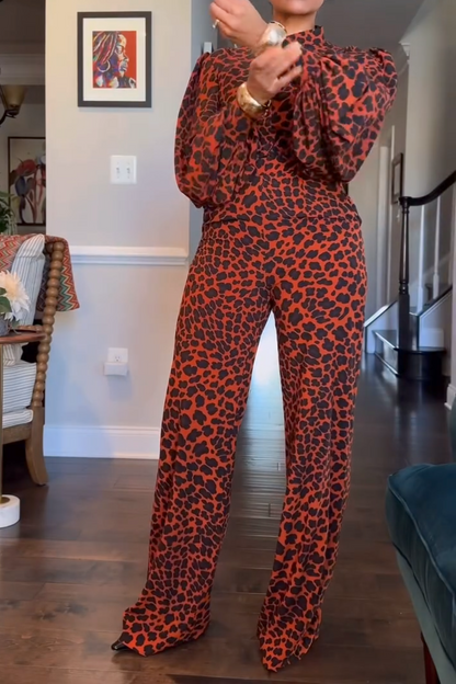 Stand Collar Top And High Waist Pant Leopard Print Two Piece Set