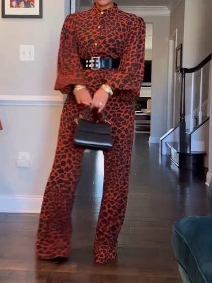 Stand Collar Top And High Waist Pant Leopard Print Two Piece Set