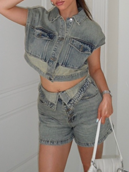 Fantastic Washed Denim Shorts 2pc Set