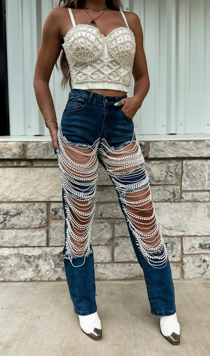 Ripped Pearl Chain Jeans