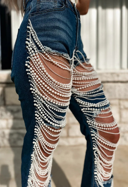 Ripped Pearl Chain Jeans