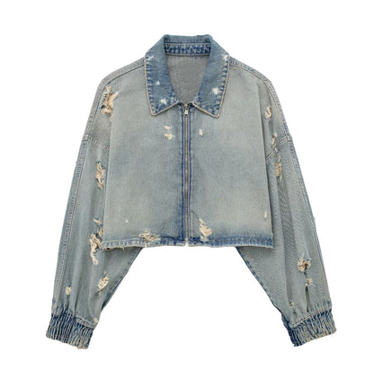 Ripped Denim Bomber Jacket