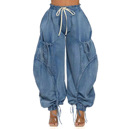 Elasticated Waist Drawstring Tie Drawstring Straight Leg Jeans