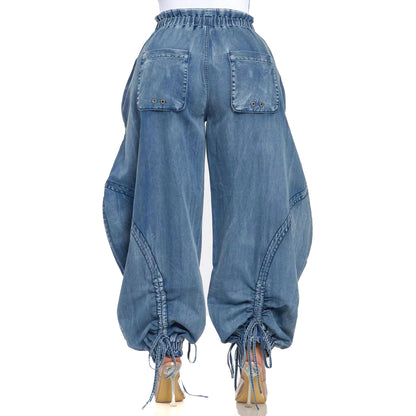 Elasticated Waist Drawstring Tie Drawstring Straight Leg Jeans