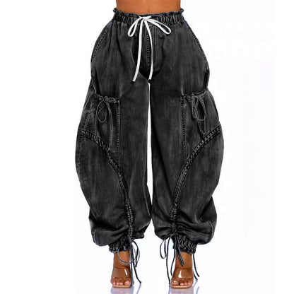 Elasticated Waist Drawstring Tie Drawstring Straight Leg Jeans