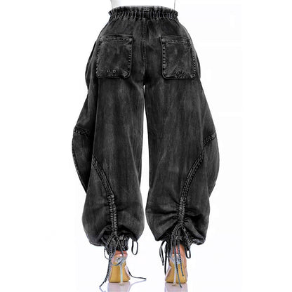 Elasticated Waist Drawstring Tie Drawstring Straight Leg Jeans