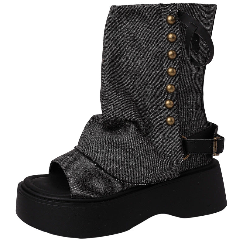 Denim Studded Open-Toe Sandals