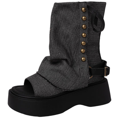 Denim Studded Open-Toe Sandals