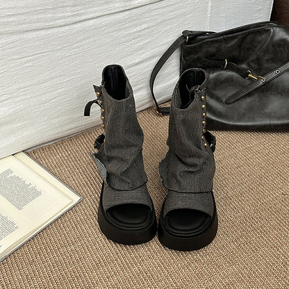 Denim Studded Open-Toe Sandals