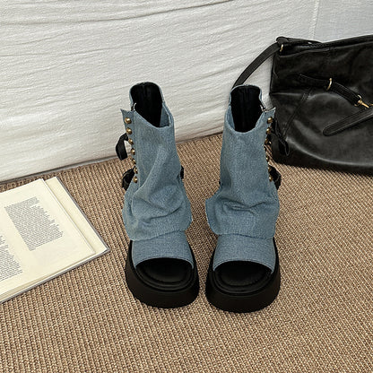 Denim Studded Open-Toe Sandals