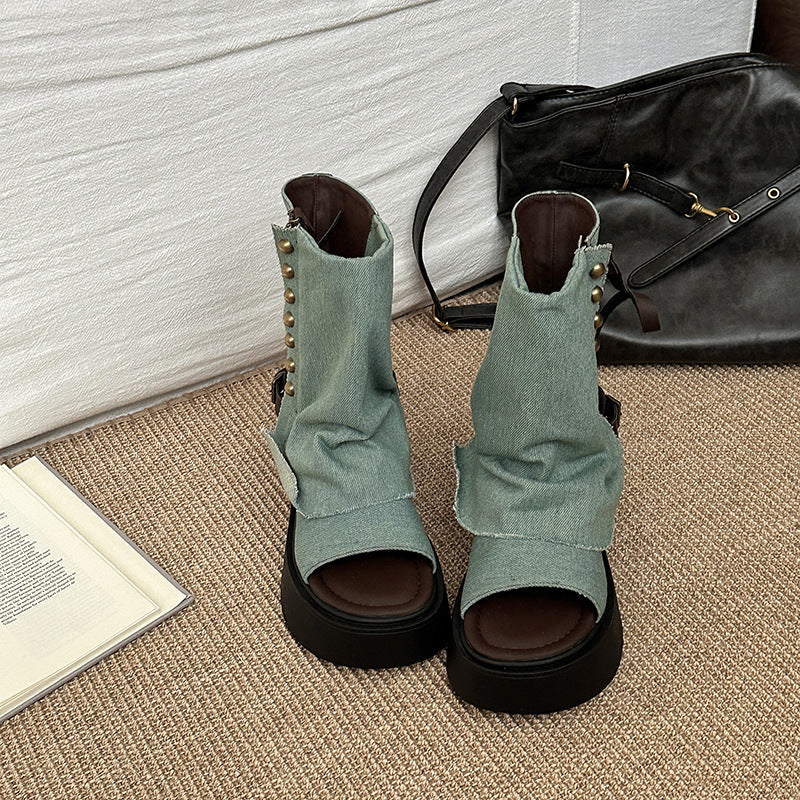 Denim Studded Open-Toe Sandals