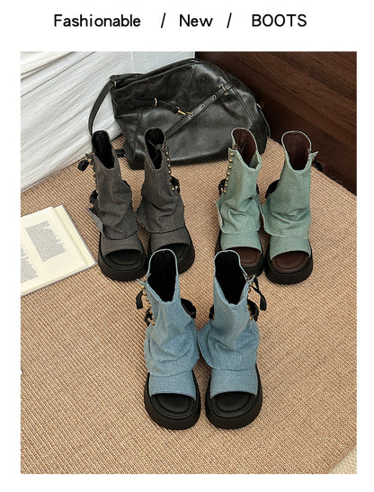 Denim Studded Open-Toe Sandals