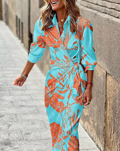 Elegant Floral Shirt Midi Dress
