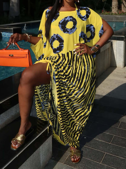 Striped Print Tie Up Loose Maxi Dress