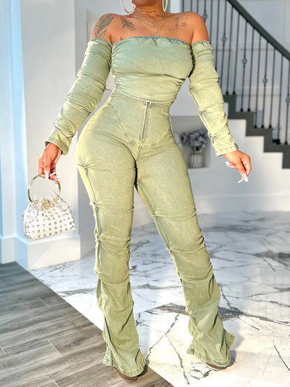 Denim Off Shoulder Two Pieces Set