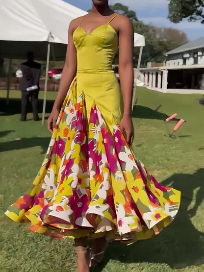 Floral Print Patchwork Sling Dress